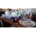 Two 1930's glass lamp shades, three paperweights, a Sowerby marbled glass basket, etc.