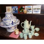 Five various wall tiles, a Spode 'Flemish Green' tea set and a French wall water bowl and container