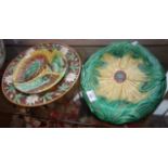 Majolica corn on the cob dish and two other Majolica plates