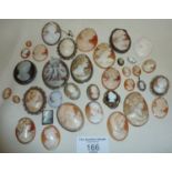 Large collection of assorted antique and vintage carved shell cameos, some with silver brooch