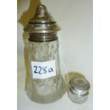 Cut glass sugar sifter with hallmarked silver lid, together with a silver topped small jar