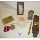 Vintage items: WW2 medal in original packaging, MACDUFF leather tee case containing golf scorer,