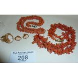 Two antique coral necklaces, and a 9ct gold cameo ring (approx size O), together with a pair of