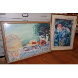 Large contemporary colour print of parrots and another of a still life with hat and table
