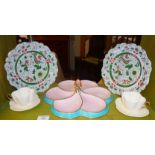 Mintons turquoise and pink porcelain strawberry dish, Victorian tea ware, etc.