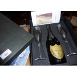 Boxed set of Dom Perignon Champagne, with pair of glasses and 750ml Vintage 2000 bottle