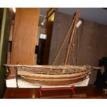 Early 20th c. hand built wooden model of a Mediterranean fishing vessel, 27" long with rigging