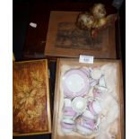 Victorian doll's china teaset, a penwork stained wood tea caddy and a piano sheet music stand