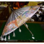 Painted silk Burmese parasol with Continental silver handle