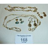 9ct gold necklace and a similar gold and pearl bracelet, together with two pairs of 9ct gold