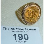 1897 Half Sovereign mounted on a 9ct gold signet ring, approx 10g