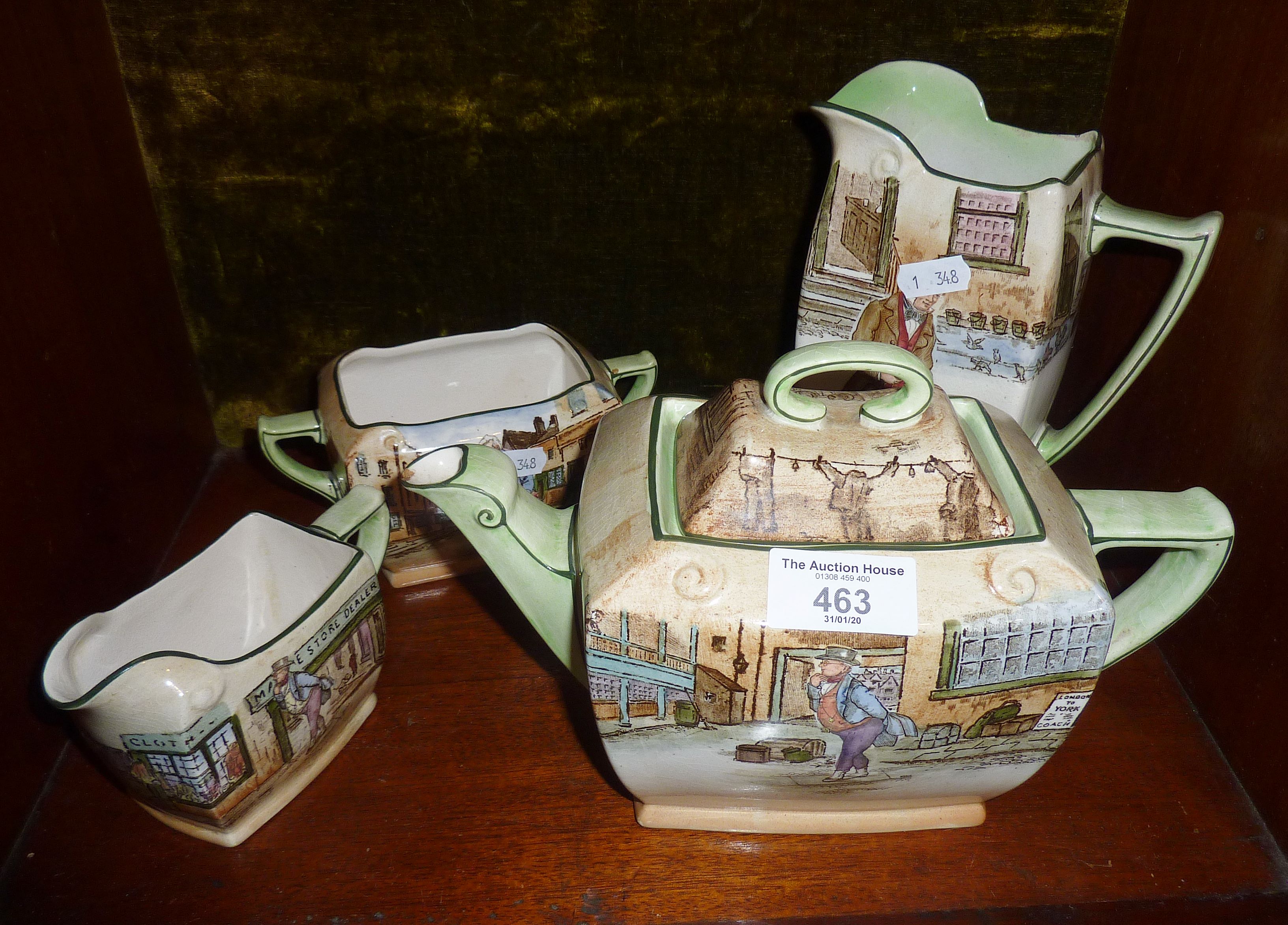 Four pieces of Royal Doulton handpainted Dickens ware, inc. a teapot