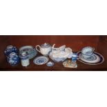 Large quantity of blue and white Chinese porcelain items (one shelf), inc. teapot, vases, dishes,