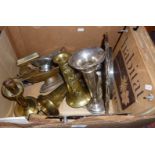 Box containing antique silver plate, Japanese brass vases, Habitat flower press, etc.