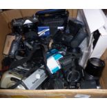Box of assorted cameras and lenses, etc.