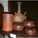 Indo Persian lacquered boxes, and another with wire inlay together with a painted bladder type water