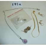 14ct gold bracelet, 9ct gold earrings, pearl earrings, white gold pendant and chain, etc.