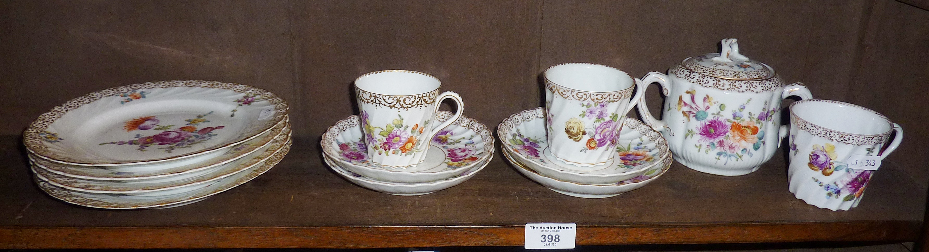 Meissen style Dresden porcelain cups, saucers and sucrier