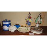 Prattware pot lid of "Youth & Age", pair of Continental china figures, a Belleek dish and three