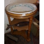 19th c. pine circular washstand on turned legs with two shelves and having Minton china washbowl