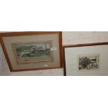 Pen and ink drawing of a townscape, signed Medman and an etching of a graveyard by Stanley G. Bent