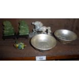 Pair of Chinese Peking glass Fo dogs, pair of Chinese heavy white metal bowls etc.