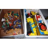 Box of assorted Lego, inc. motor element and links, etc., and a box of Timpo plastic cowboys and
