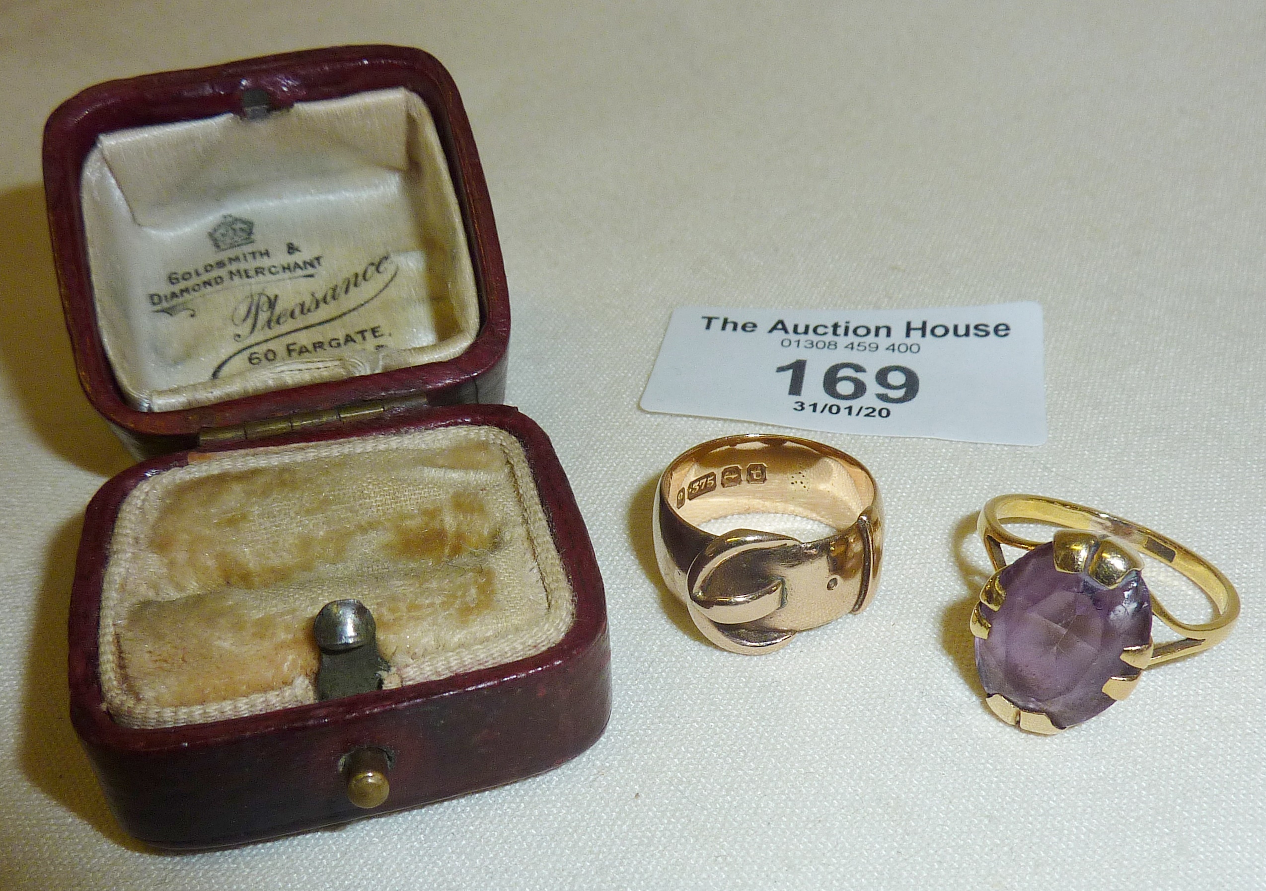 Victorian 9ct rose gold buckle ring, and a 9ct dress ring with amethyst stone, together with an - Image 2 of 2