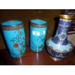 Pair of turquoise Cloisonné Chinese sleeve vases, together with a finely detailed Cloisonné vase -