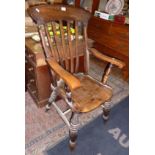 19th c. ash and elm farmhouse kitchen armchair on turned legs