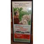 Framed cinema foyer poster for the film "Walk the Line" with Gregory Peck and Tuesday Weld and songs