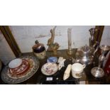 Shelf of assorted china and silver plate