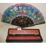 Chinese painted fan in lacquer case