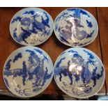 Four 17th or 18th c. Chinese blue and white porcelain dragon dishes, approx. 20cm diameter