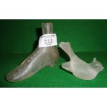 Rare Victorian frosted glass ink bottle shaped as a lady's boot, and a glass bird