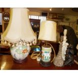 Chinese porcelain table lamp bases, one decorated with fish, the other water lilies and cranes,