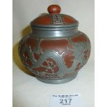 Yixing Zisha Chinese earthenware lidded pot with applied pewter dragon decoration legend to base "