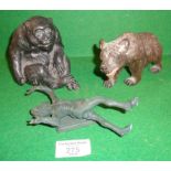 Black Forest carved wooden bear, black lacquered spelter chimpanzee and a small bronze figure of