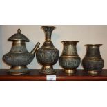 Group of Indian or Tibetan bronze vessels and pots, decorated with Buddha type figural panels