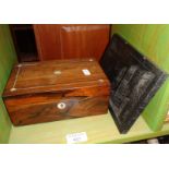 Victorian inlaid rosewood jewellery box and an etched slate picture of Hampton Court