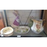 Two china lady figurines, Aynsley china "Kitchen Garden" dish and two others