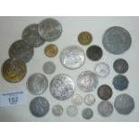 Assortment of coins and tokens, inc. Victorian silver crowns (1896 and 1887)