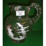 Mary Gregory painted glass jug, with a crimped handle