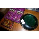 Scandinavian green glass shaped bowl, a French painted lacquer stamp box and a cased set of