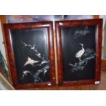 Pair of late 19th c. Chinese panels of inlaid mother-of-pearl birds in decorated lacquer frames