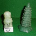 Chinese carved jade pagoda and a lion dog