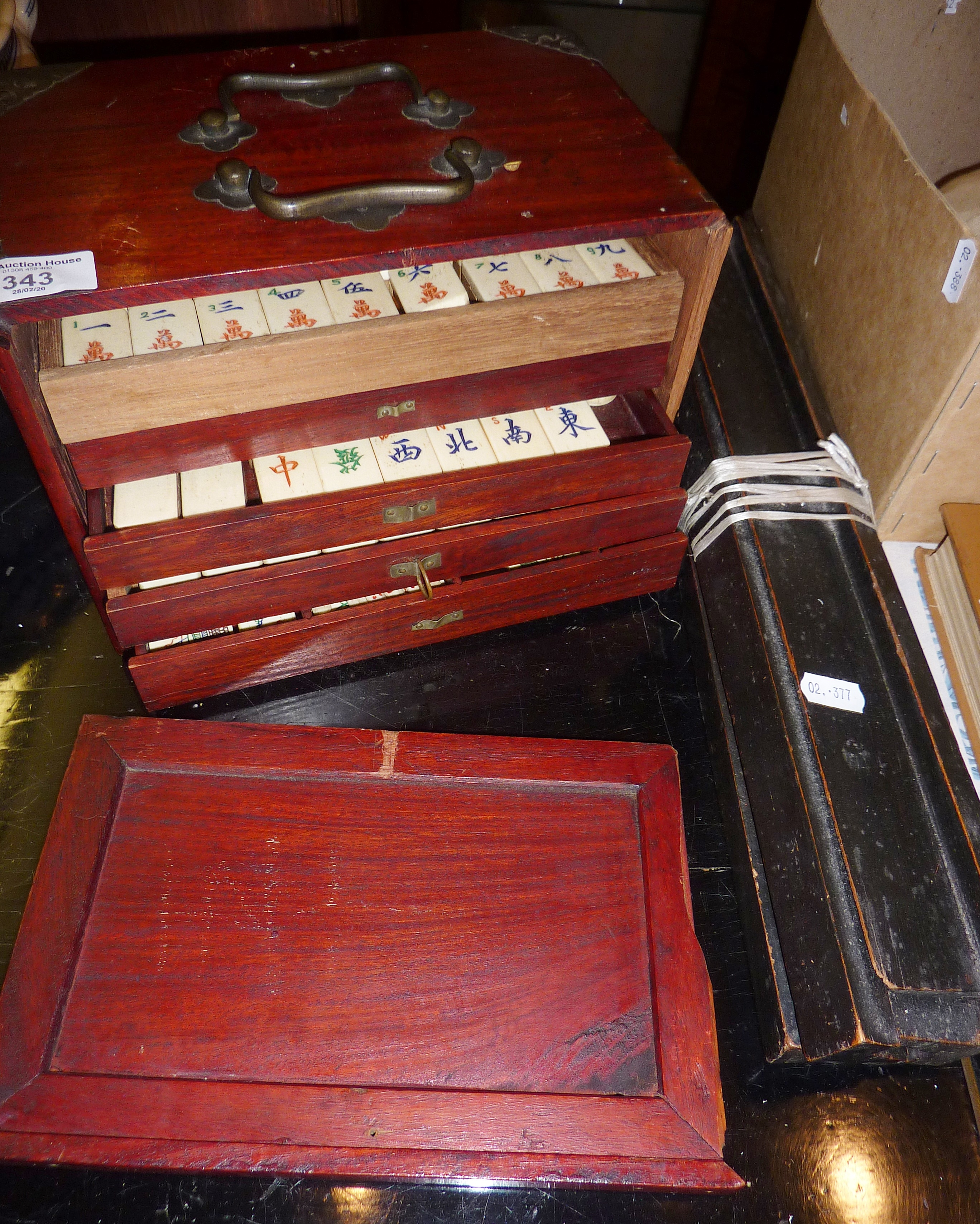 Chinese Mahjong set in decorated chest of drawers with bone and bamboo ...