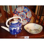 Copeland Spode blue and white tea pot, an Imari plate and a Royal Doulton "Home Waters" bowl