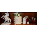 Bretby jardiniere with classical figure relief (A/F) a spelter Marley Horse, four vases and a pie