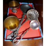 Pair of Arts and Crafts silver plate sifter spoons, another similar, a pewter spoon and two egg cups
